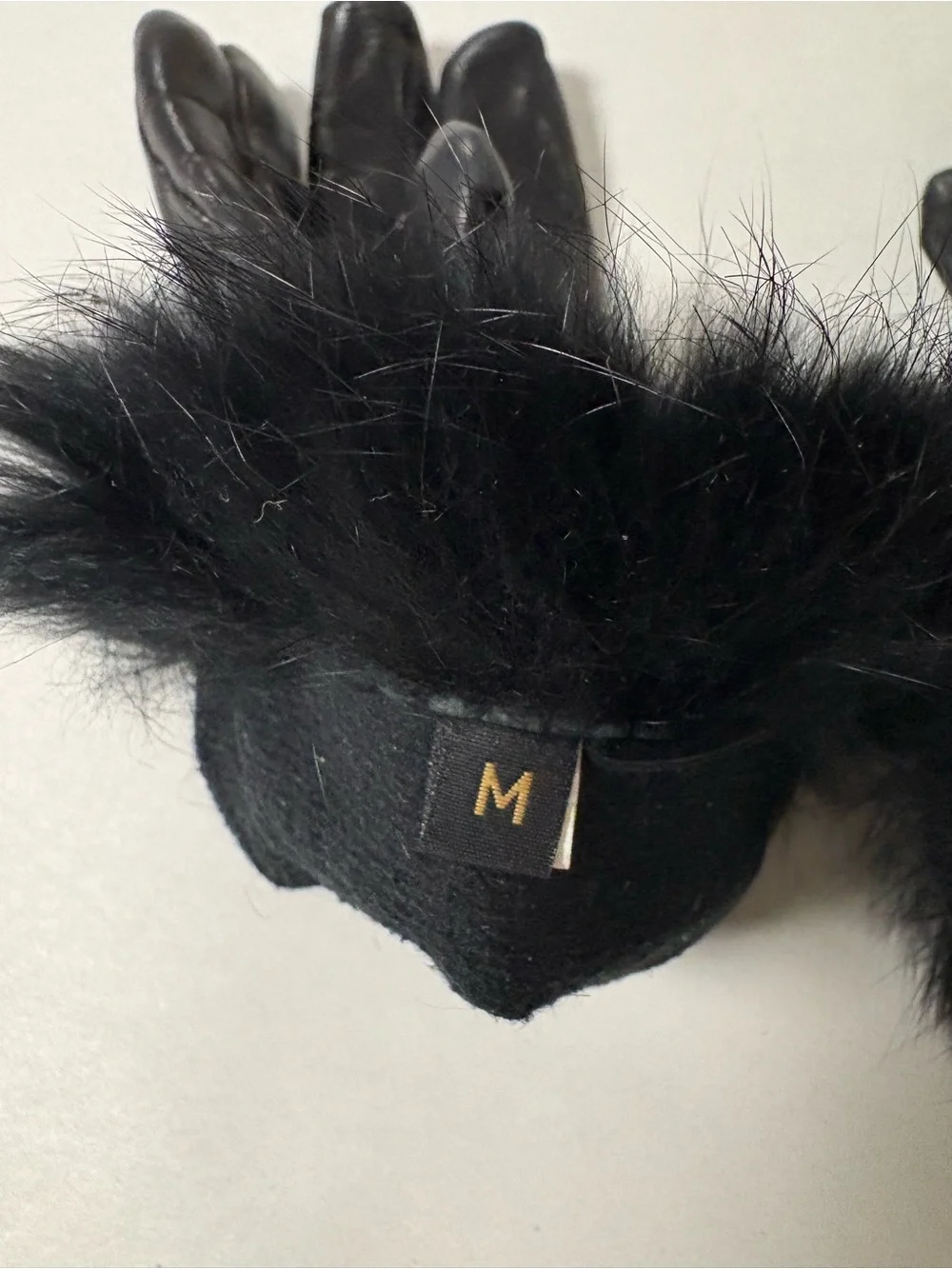 Black Leather Gloves with Faux Fur Cuff - Women Accessories Size 7 (Med)